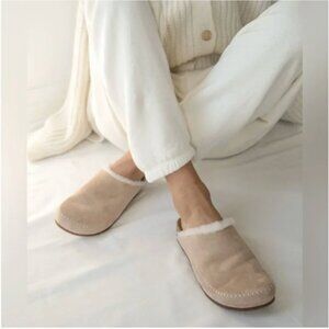Jenni Kayne Shearling Lined Moc Suede Slip On Mules Clogs Natural Tan Size 8